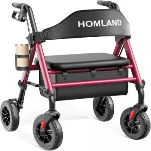HOMLAND 접이식 롤레이터 보행기 시니어용 좌석 포함 17파운드 경량 8인치 고무 바퀴 강화 알루미늄 프레임