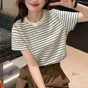 여자 세로줄 티셔츠 탑 줄무늬 가로줄하프슬리브 우먼 썸머 시그니처 탑반소매티 베이직 반팔티 안감rst726