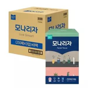 모나리자 박스포장 천연펄프 피부저자극 미용티슈 250매 3입 8팩 1박스 부드러운 각티슈 곽티슈