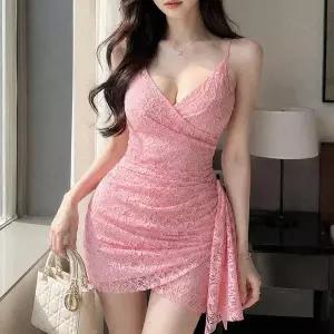 [옷자락]여자 여름 데이트룩 슬림핏 레이스 셔링 미니 원피스