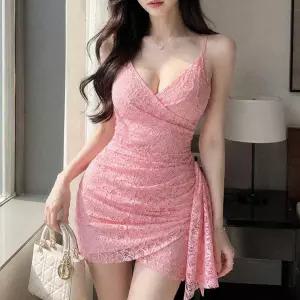 [옷자락] 여자 여름 데이트룩 슬림핏 레이스 셔링 미니 원피스