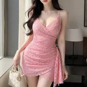 [다잇템]여자 여름 데이트룩 슬림핏 레이스 셔링 미니 원피스