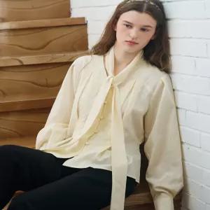 드로우핏 우먼 턱 브이넥 타이 블라우스 [CREAM BEIGE]