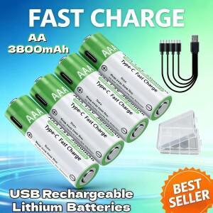 고품질 USB 충전식 AA 리튬 이온 배터리 3800mAh 1.5V, 데이터 케이블 및 보관함 포함, 마우스/게임패드/리