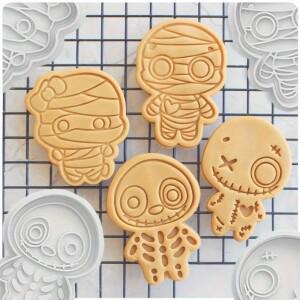 4pcs 할로윈 해골 쿠키 커터 PLA 만화 프레스형 미라 비스킷 스탬프 초콜릿 몰드 케이크 장식 도구