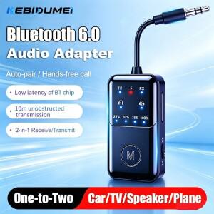 KEBIDUMEI 2 in 1 블루투스 6.0 오디오 송수신기 1:2 무선 어댑터 3.5mm AUX HiFi 스테레오 (차량용/TV용)
