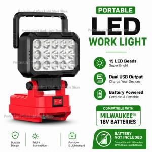 LED 밀워키 호환 작업등 마키타 호환 18V 배터리 호환 라이트 2개의 USB 충전 포트 포함 180 ° 각도 조절