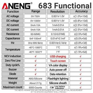 ANENG 683 스마트 멀티미터 테스터 고급 터치 충전식 6000 카운트 AC/DC 전압 전류 측정기