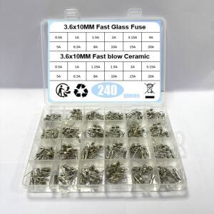 240개/박스 24가지 값 3.6x10mm 고속 세라믹 유리 퓨즈 키트 0.1A /250V 튜브 팩