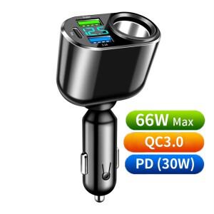 66W 자동차 시가 라이터 소켓 USB 차량용 충전기 QC3.0 분배기 어댑터 전원 LED 디스플레이