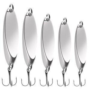 FishingPepo 낚시 루어 스푼, 송어 5개 / 30개 하드 메탈 스피너 배스 미끼 5가지 크기 연어 배스용 캐스팅 스푼 훅 1개 1/5oz, 1/4oz, 3/8oz, 1/2oz, 3/4oz