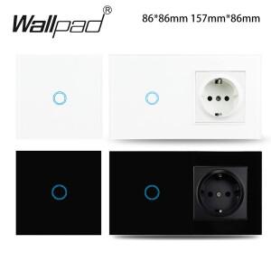 터치 라이트 스위치 EU 전원 벽 소켓 포함 블랙 300W LED 1 갱 단방향 크리스탈 유리 패널 인터럽터 157mm