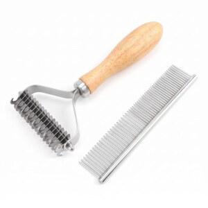 강아지와 고양이용 데마트 빗, 반려동물 속털 빗으로 털 뭉침과 엉킴을 풀어줍니다 | 2-in-1 나무 손잡이 데셰딩 빗. 엉킨 털, 헐거운 속털을 부드럽게 제거합니다. 더블 코트에 아주 좋습니다.