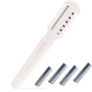 2-in-1 반려동물 털 깎기 빗, 5개의 날이 있는 개와 고양이용 면도 빗 | 빗기, 질감 조절, 다듬기용 미용 엉킨 털, 매듭, 흐트러진 털을 위한 양날 스플릿 끝 다듬기 도구