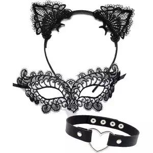 고양이 여성 마스크 란제리 섹시한 검은 의상 액세서리 Catwoman 세트 레이스 귀 머리띠 가발 가죽 초커