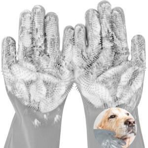AKEISHE Pet Grooming Gloves, 고밀도 이빨이 있는 5손가락 실리콘 강아지 목욕 스크러버, 강아지와 고양이를 위한 재사용 가능한 세척 마사지 장갑 Grey