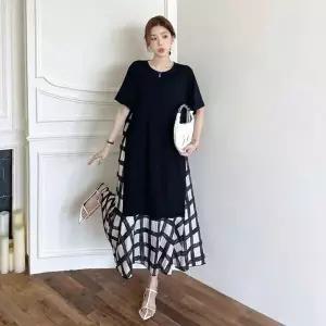 [하프클럽/]배색 체크 플레어 롱 원피스 데일리원피스 루즈핏원피스 모던룩