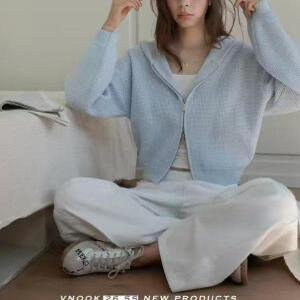 스콕 여성 후드 봄가을 짧은 솔리드 컬러 랜턴 슬리브 긴 소매 카디건 니트 스웨터 용 젠
