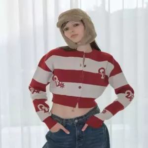 오디너리홀리데이 STRIPE CROP KNIT CARDIGAN RED