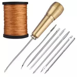 가죽 재봉 키트 DIY 송곳 바늘 구리 손잡이 세트 캔버스 텐트 신발 수리 도구 나일론 실