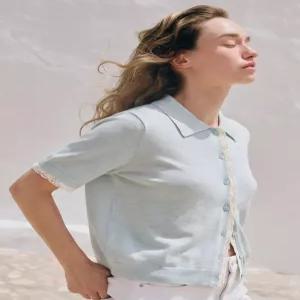 ZARA 자라 레이스 디테일 반소매 니트 재킷 - 파스텔 블루 3920/128/423