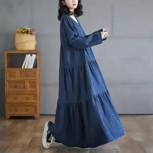 여성 원피스 춘추핏 데님 빈티지 프렌치 롱스커트 긴팔 스커트 A라인 케이크