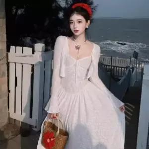 여성 프렌치 화이트 레이스 나시 원피스 여름 해변 바캉스룩 롱스커트