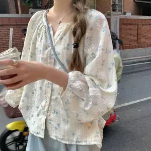 은창 로맨틱 레이스라인 제비꽃 블라우스 셔츠 여름 상의 여름 퍼프 반팔 상의 블라우스 티셔츠 셔츠