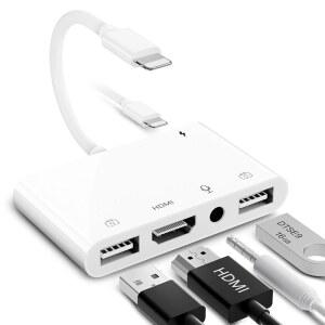아이폰호환/IPAD용 LIGHTNING TO HDMI 어댑터 / TV용 듀얼 USB OTG | 라이브 스트리밍 MIDI 키보드 마우스 HD TV 프로젝터 모니터 호환용 마이크 입력 포함