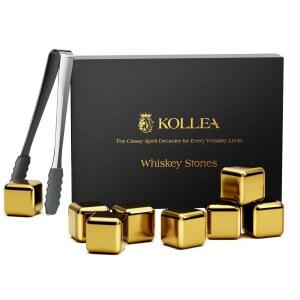 KOLLEA 위스키 스톤 8개입 스테인리스 스틸 냉각 돌 세트 골드 | 식품 등급 304 큐브 어는점 -5 에서 -10 희석 없이 냉각 남성 및 아빠를 위한 특별한 선물