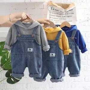 상하복 유아 데님 실내복 등원복 유치원 어린이집 멜빵 아동 후드티 세트 남아 키즈 2pcs