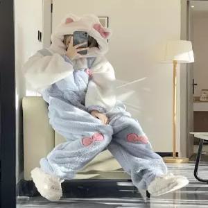 귀여운 극세사 동물 고양이 겨울 털 멜빵 잠옷