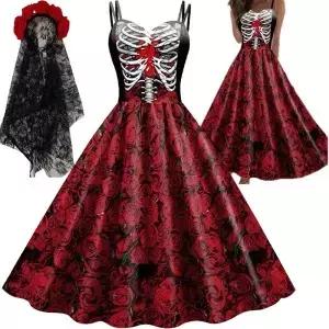 할로윈 위한 새로운 의상 해골 프린트 홀터 드레스 민소매 튜닉 빈티지 파티 고스 의류 Masquerade Vestido