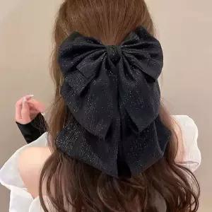 쉬폰 펄 3단 블랙 리본 헤어 집게핀 X2개 예쁜 머리핀