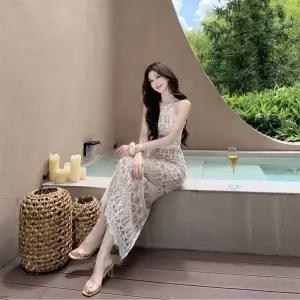 여성 비치 스커트 해변 바캉스 슬림핏 머메이드 슬리브리스 레이스 원피스