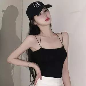 여성 얇은 끈 크롭 나시 캡내장