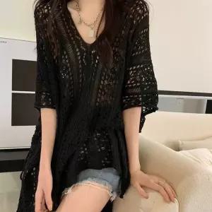 찐찐샵 오버핏 박스핏 루즈핏 브이넥 여름 그물 니트 여성