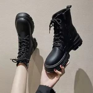 워커 라운드 사이드지퍼 2컬러 레더 여성 데일리 통굽