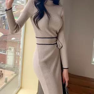 (다올)반목 니트 롱 원피스 허리 리본 랩원피스
