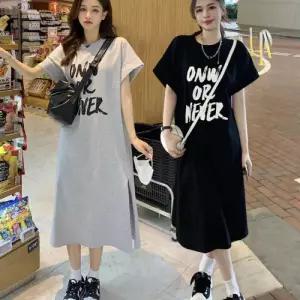 여성 레터링 롱 트임 반팔 원피스