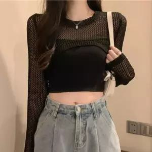 여성 크롭 그물 니트 볼레로 심플 레이어드 원피스 가디건 여름 비치 아우터