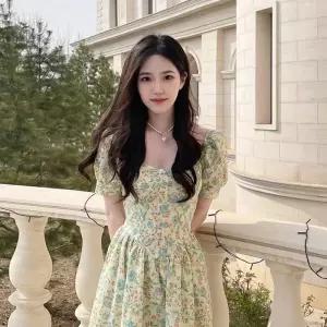프랑스 여름 쉬폰 롱 그린 스커트 슬림 드레스 플로럴 소녀