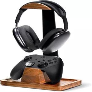 UPERGO 월넛 헤드폰 스탠드 컨트롤러 홀더 및 수납 베이스 포함 원목 그레인 기어 충전기 PS5 Xbox 게이머