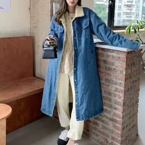 여성 데님 안감 롱자켓 양털 퍼 루즈핏 청자켓 캐주얼 KKn27SoB