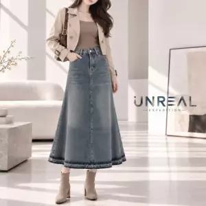 언리얼 레브 여성 빈티지 워싱 A라인 데님 롱스커트 청치마