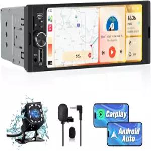Pyniro 싱글 DIN 카 레오 무선 CarPlay 및 Android Auto 6.36 IPS 터치 린 헤드 유닛 후방 카메라/외부