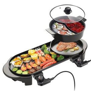 BOEASTER 전기 그릴이 포함된 뜨거운 냄비 한국식 BBQ 및 샤부샤부용 | 3쿼트 분리형 분할 12 X 8인치 그릴 5단계 별도 조절기 논스틱 알루미늄 표면 최대 450 F 2~6인분 제공