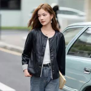 미에스틸로 여성 양가죽 라이더 라운드 코트 고급 빈티지 가죽 재킷 ADOR