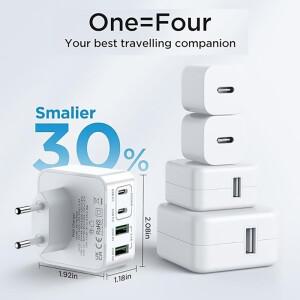 1개 USB C 충전기 40W 4포트 플러그 고속 멀티 AC 듀얼 PD+QC 타입 어댑터 (휴대폰 핸드폰 아이패드 호환