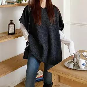 [하프클럽/]간절기 가을 후드 베스트 판초 조끼 체형커버 망토 루즈핏 여자